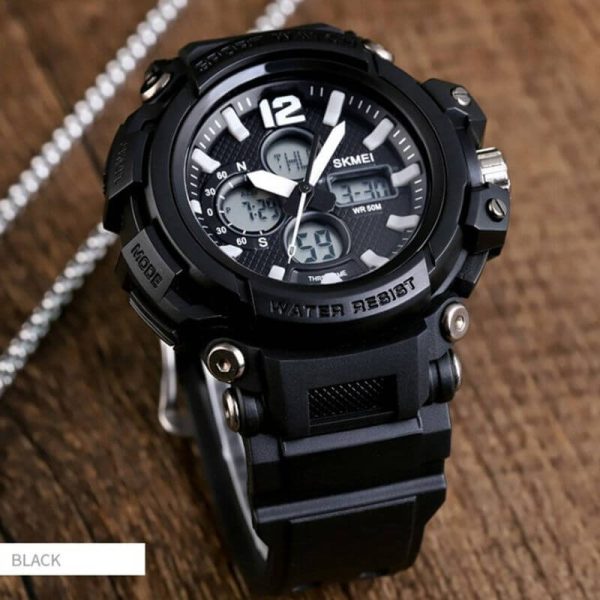 Skmei 1498 Sport Dual Display Luminous 5 ATM Waterproof 3Time Multl-Function Watch For Men - Black - Image 2