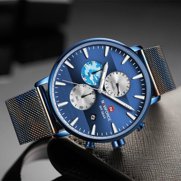 NaviForce NF9169 Luxury Chronograph Stainless Steel Mesh Watch - Camouflage Blue - Image 2