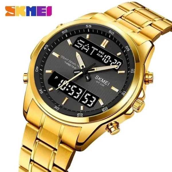 SKMEI 2049 Fashion Dual Display Multifunction Date Week Display Stainless Steel Watch For Men - Black/Golden