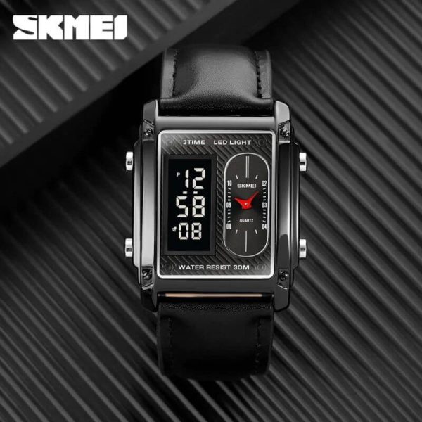 SKMEI 1868 Casual Rectangle Dial Digital Analog Luminuos Leather Strap Stopwatch For Men - Black - Image 3