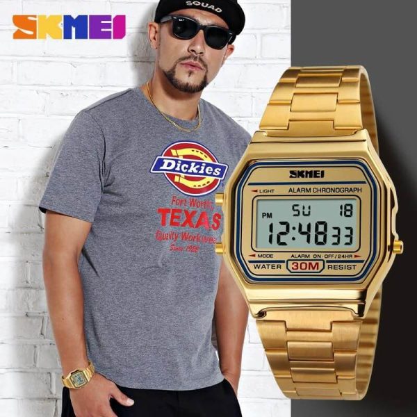 SKMEI 1123 Unisex Business Collection Vintage Series Digital Stainless Steel Watch - Golden - Image 2