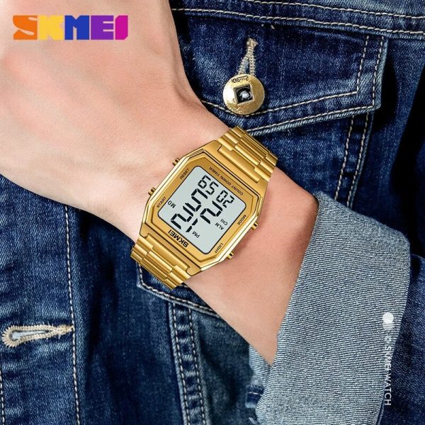 SKMEI 1735 LED Dual Time Digital Retro Fashion Stainless Steel Wrist Watch For Men - Golden/White - Image 2