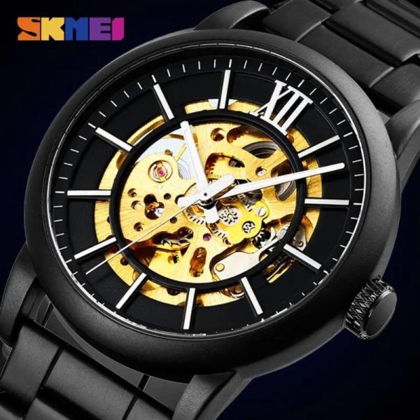 SKMEI 9242 Automatic Mechanical Stainless Steel Band Roman Numeral Index Design Automatic Watch For Men - Black - Image 3