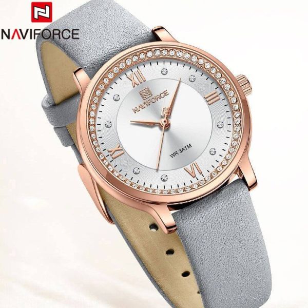 Naviforce NF5036 Classic Rhinestone Surrounded Leather Strap Roman Numeral Watch For Women - Grey/White - Image 3