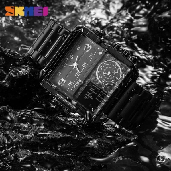 SKMEI 1584 Men's Multifunction Square Dial Digital Analog LED Chronograph Stainless Steel Wristwatch - Black - Image 3