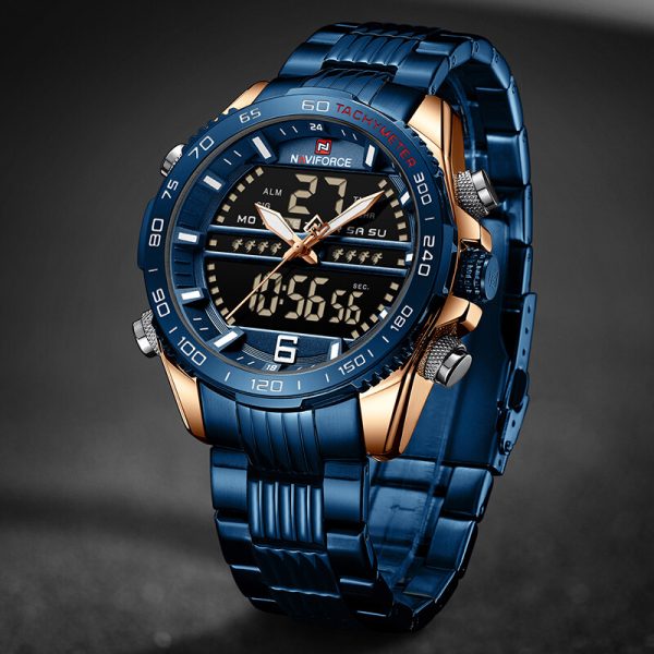 NAVIFORCE NF9195 Men's Dual Display Stainless Steel Day Date Watch - Blue - Image 2