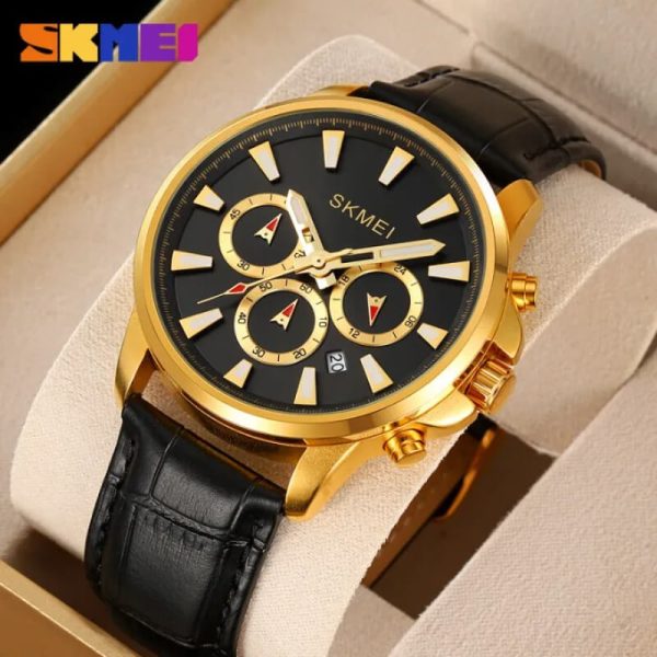 SKMEI 2071 Fashion Chronograph Date Display Leather Watch For Men - Yellow/Black - Image 2