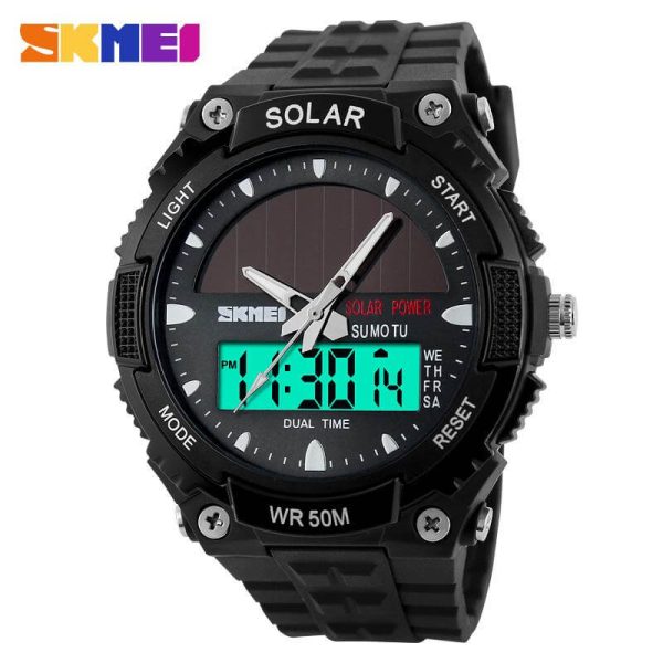 SKMEI 1049 Solar Powered Multifunction Dual Time Waterproof Digital Watch For Men - Black