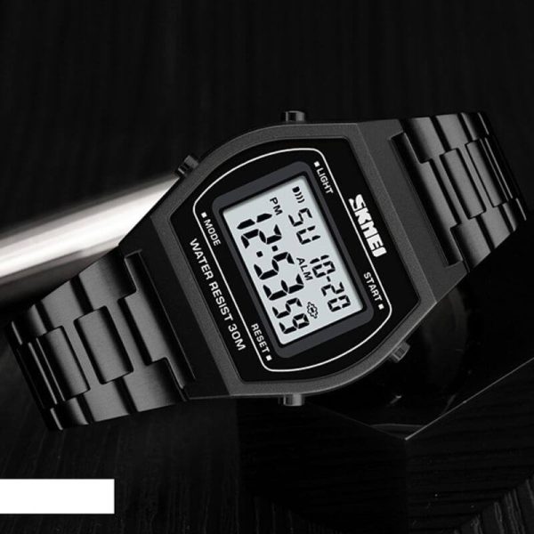 SKMEI 1328 Fashion Classic Unisex Count Down Waterproof Stainless Steel Digital LCD Alarm Clock Hours Watch - Black - Image 3