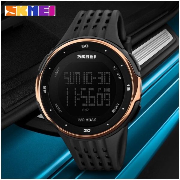 SKMEI 1219 Digital EL Light Complete Calendar Multifunction Alarm Sport Wristwatch For Men - Rosegold/Black - Image 3