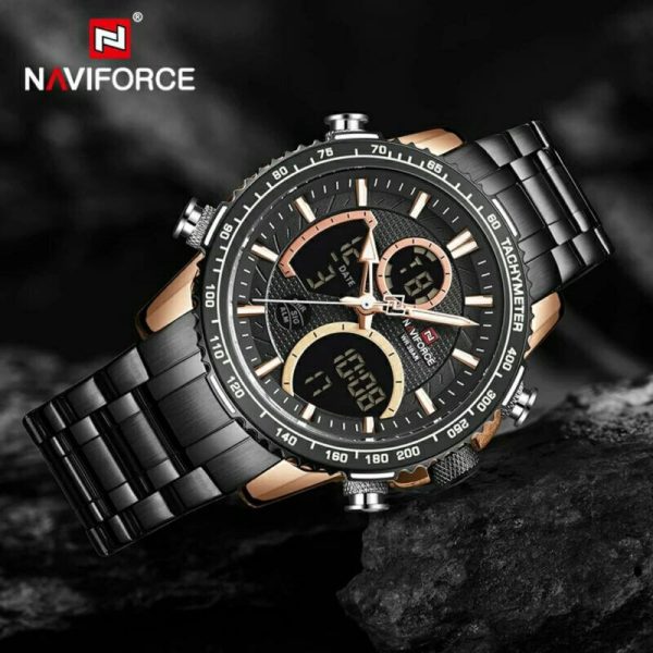 NAVIFORCE NF9182 Multi-Function Digital/Analog Casual Steel Watch For Men - Black/Rosegold - Image 3