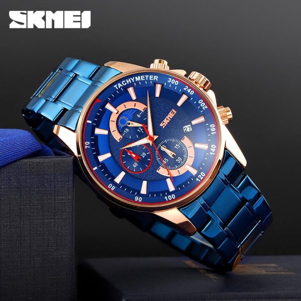 SKMEI 9250 Men's Multifunction Moonphase Creative Design Chronograph Date Display Stainless Steel Watch - Blue - Image 2