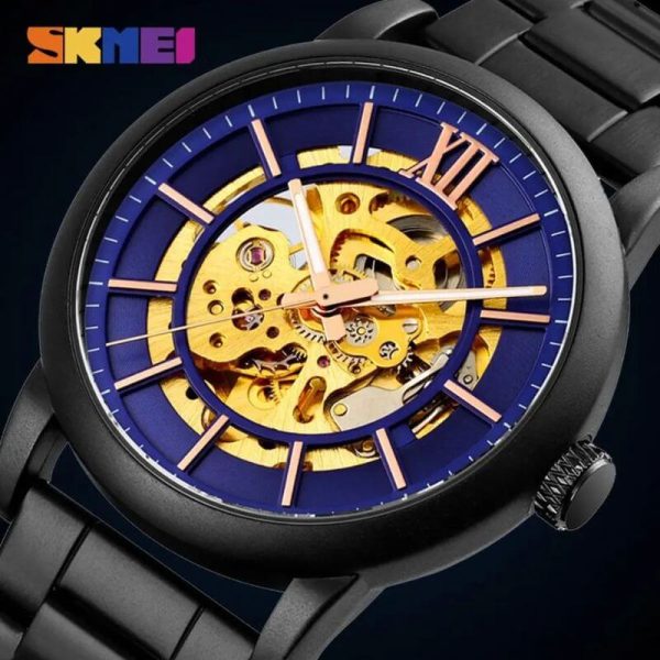 SKMEI 9242 Automatic Mechanical Stainless Steel Band Roman Numeral Index Design Automatic Watch For Men - Blue/Black - Image 3