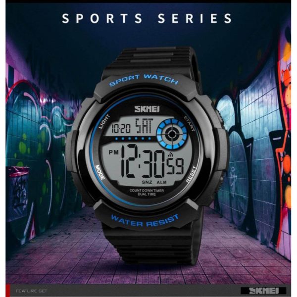 SKMEI 1367 Men's Sports Dual Time Daily Alarm Digital Chronograph Countdown Calendar Waterproof Backlight Watch - Black/Blue - Image 3