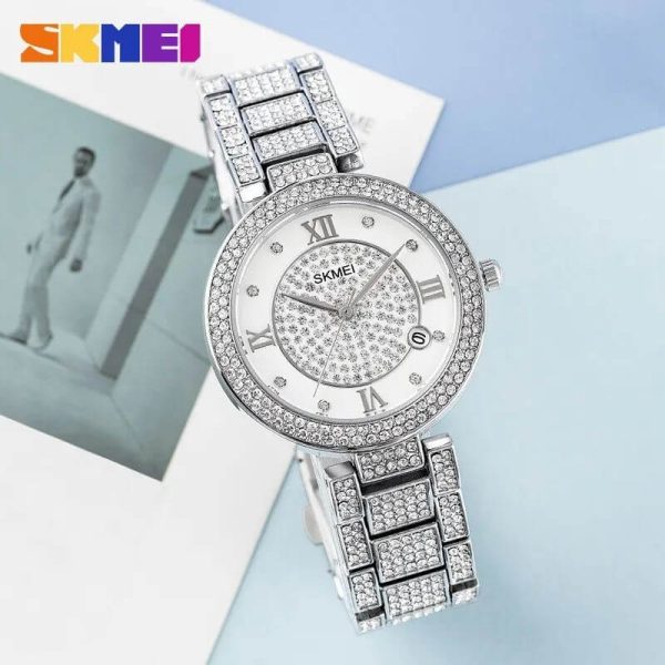 SKMEI 1739 Women's Fashion Iced Diamond Roman Numeral Index Date Display Quartz Stainless Steel Watch - Silver - Image 2