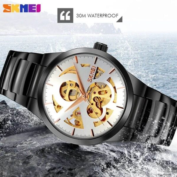 SKMEI 9243 Casual Men's Automatic Mechanical Fashion Hollow Dial Stainless Steel Strap Watch - Black/White - Image 3