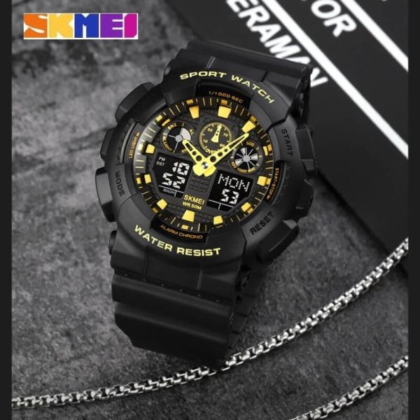 SKMEI 1832 Analog Digital Dual Display  Sport Chronograph LED Light Display Watch For Men - Black/Yellow - Image 2