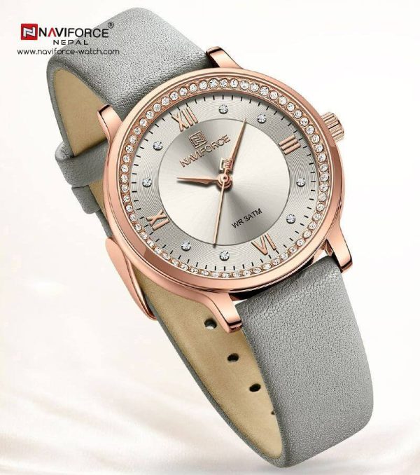 Naviforce NF5036 Classic Rhinestone Surrounded Leather Strap Roman Numeral Watch For Women - Grey - Image 4