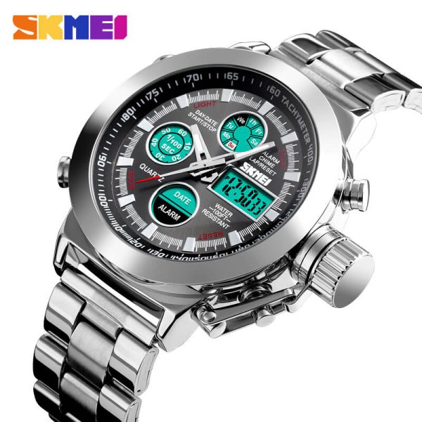 SKMEI 1515 Dual Time Multi-Functional Large Dial Stainless Steel Watch - Silver