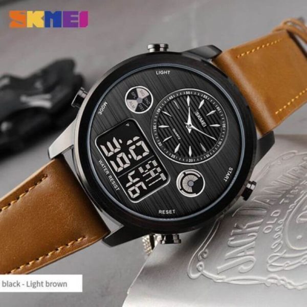 SKMEI 1653 Men's World Time Dual Display Movement LED Electronic Multifunction Leather Strap Watch - Black/Brown - Image 2