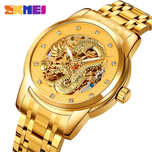 SKMEI 9310 Luxury Business Creative Dragon Dial Design Automatic  Watch For Men - Golden