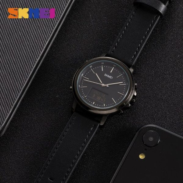 Skmei 1652 Men's Casual Dual Movement LED Light Display Leather Strap Wristwatch - Black - Image 4