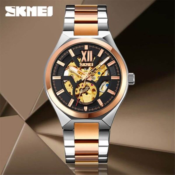 Skmei 9258 Fashion Mechanical Hollow Dial Luxury Stainless Steel Automatic Luminous Watch - Silver/RoseGold - Image 2