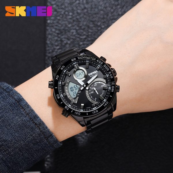 SKMEI 1889 Multifunctional Dual Display Countdown Chronograph LED Light Stainless Steel Watch For Men - Black - Image 3