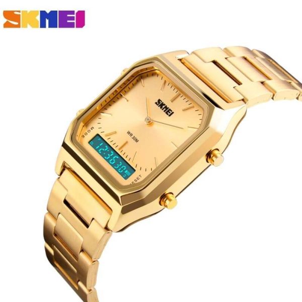 SKMEI 1220 Double Time Digital Analog Stainless Steel Watch - Golden