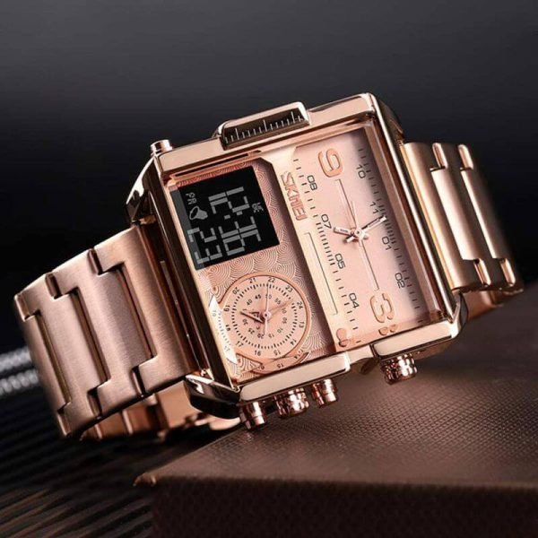 SKMEI 1584 Men's Multifunction Square Dial Digital Analog LED Chronograph Stainless Steel Wristwatch - RoseGold - Image 2