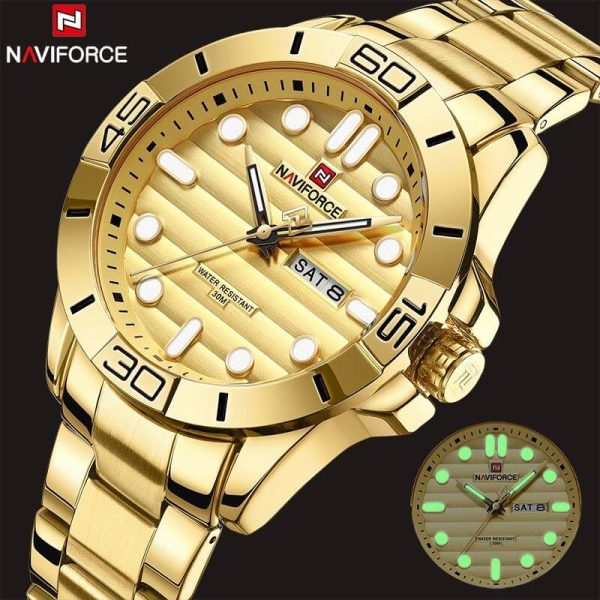 NAVIFORCE NF9198 Casual Quartz Luminous Date Week Stainless Steel Watch For Men - Golden - Image 3