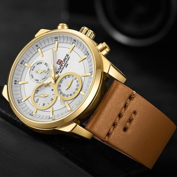 NAVIFORCE NF9148 Day Date Function Luxury Chronograph Watch For Men -  White/Golden - Image 2