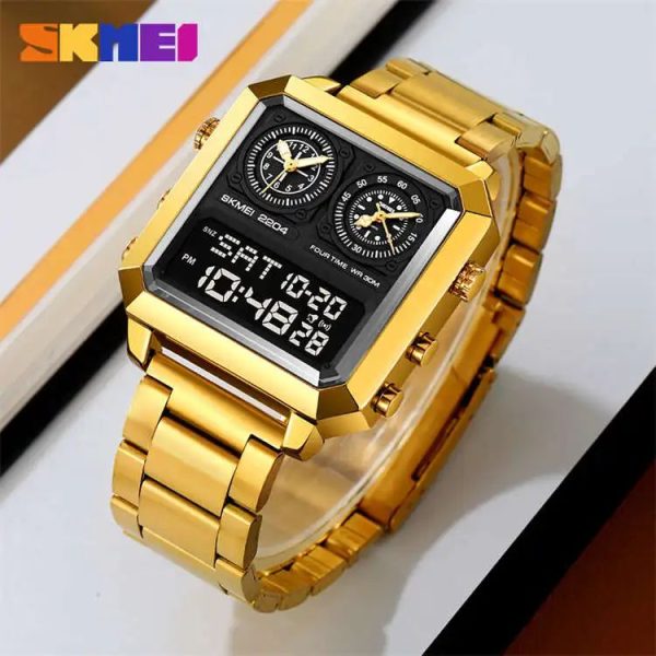 SKMEI 2204 Simple Fashion Square Dial Lumnious Date Day Display Stainless Steel Watch For Men - Black/Golden - Image 2