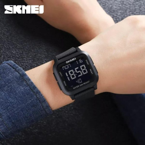 SKMEI 1894 Digital Movement Stopwatch Countdown LED  Display Square Shape Watch For Men - Black - Image 2