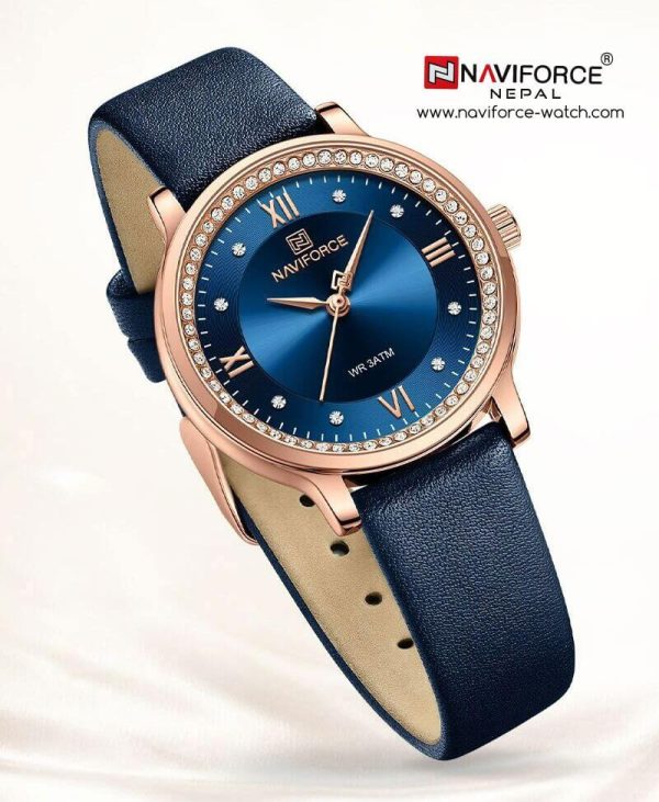 Naviforce NF5036 Classic Rhinestone Surrounded Leather Strap Roman Numeral Watch For Women - Blue - Image 3