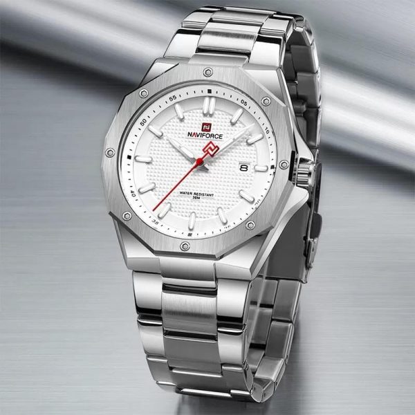 NAVIFORCE NF9200 Men's Quartz Polygon Vogue Stainless Steel Date Function Watch - White/Silver - Image 3