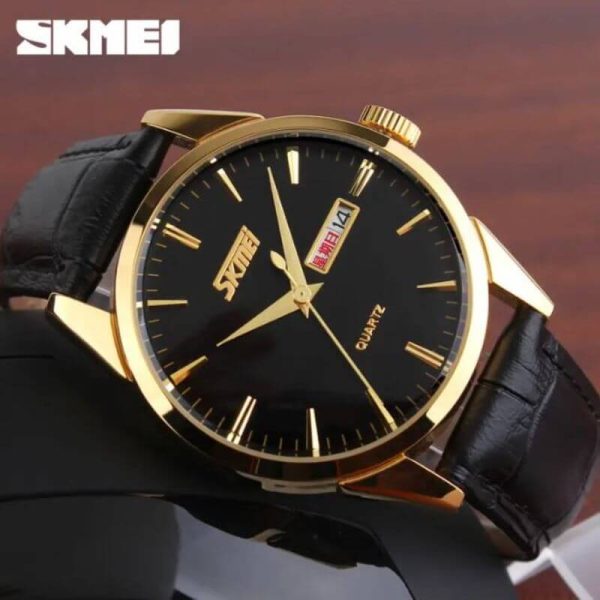 SKMEI 9073 Classic Luxury Day Date Display Stick Index Leather Strap Quartz Watch For Men - Black - Image 2