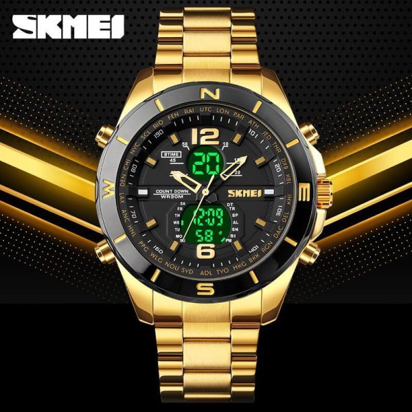 SKMEI 1670 Men's Double Movement Chronograph Waterproof Stainless Steel Multifunction Watch - Golden - Image 2