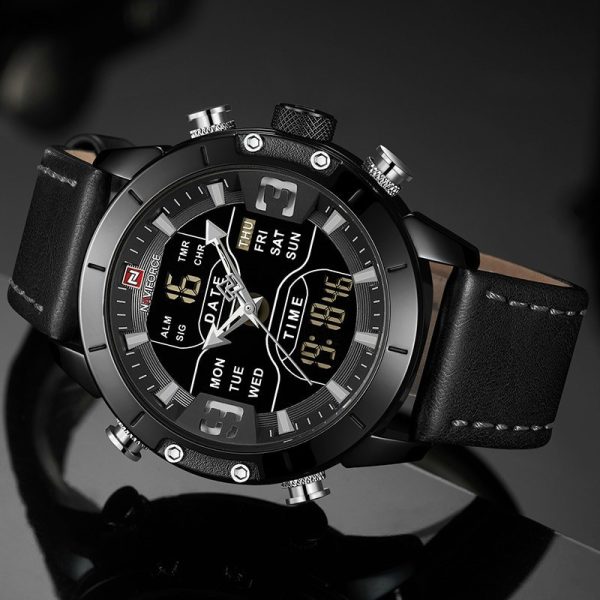 NaviForce NF9153 Double Time MultiFunction Watch with Leather Strap - Black - Image 3