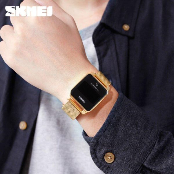 SKMEI 1532 Square Touch Screen LED Display Stainless Steel Mesh Casual Watch For Men - Golden - Image 2