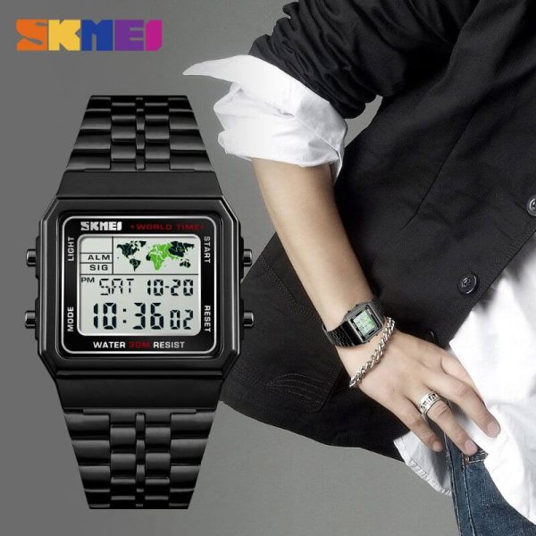 SKMEI 1338 Men's Stainless Steel Countdown Time Zone Waterproof LED Electronic Digital Watch - Black - Image 2