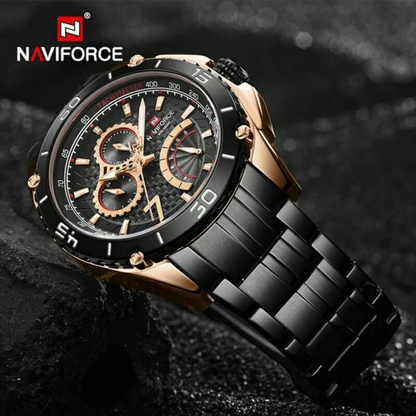 Naviforce NF9183 Stainless Steel Quartz Chronograph Wrist Watch For Men - Black/Rosegold - Image 3