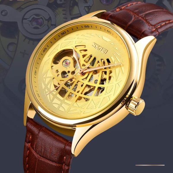 SKMEI 9209 Men's Automatic Hollowing Mechanical Fashion Business Leather Strap Watch - Golden/Brown - Image 3