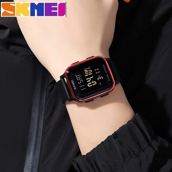 SKMEI 1858 Fashion LED Light Digital Rectangle Shape Complete Calendar Wristwatch For Men - Red - Image 2