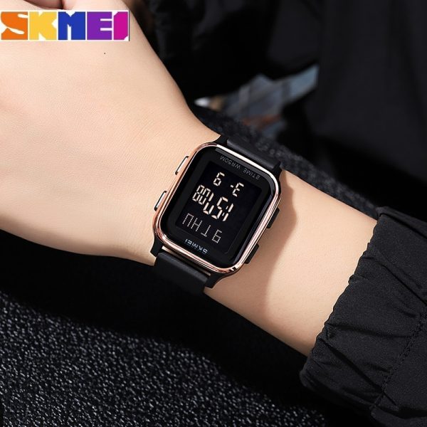 SKMEI 1858 Fashion LED Light Digital Rectangle Shape Complete Calendar Wristwatch For Men - RoseGold - Image 2