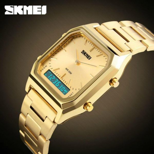 SKMEI 1220 Double Time Digital Analog Stainless Steel Watch - Golden - Image 2