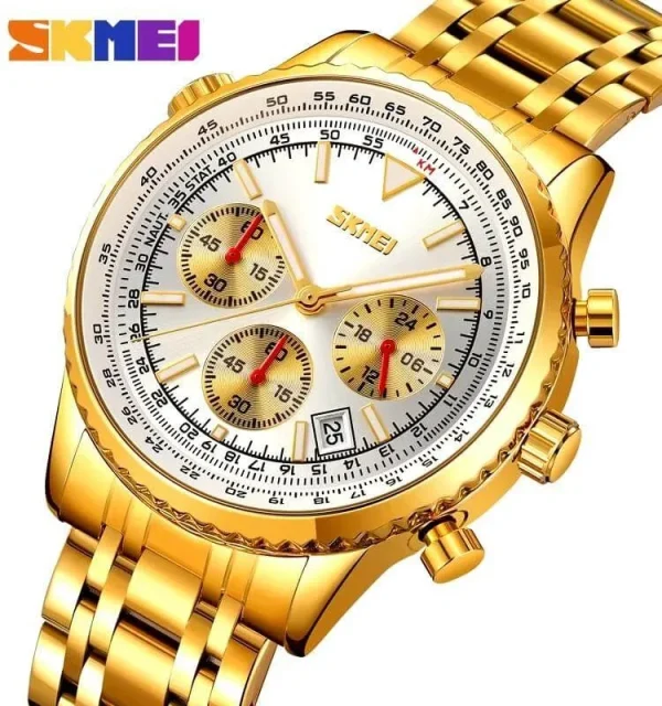 SKMEI 9333 Men's Business Classic Multifunction Luminous Stainless Steel Date Display Watch - White/Golden