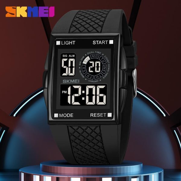 SKMEI 1967 Digital Movement Men's Military Silicone Strap Rectangle Dial Countdown LED Sport Watch - Black - Image 3