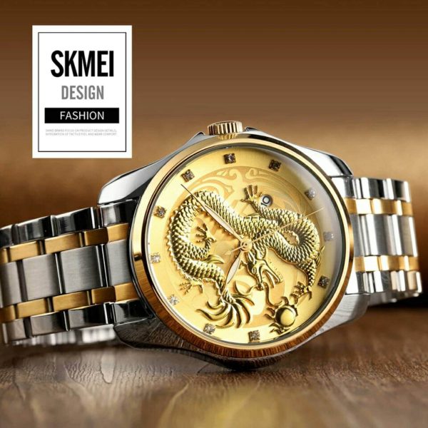 SKMEI 9193 Dragon Quartz Luxury Stainless Steel Alloy Business Waterproof Wristwatches For Men - Golden/Multicolor