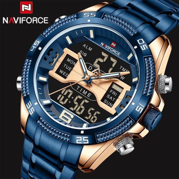 NaviForce NF9201 Men's Digital Analog Stainless Steel Complete Calendar Watch - Rosegold/Blue - Image 2